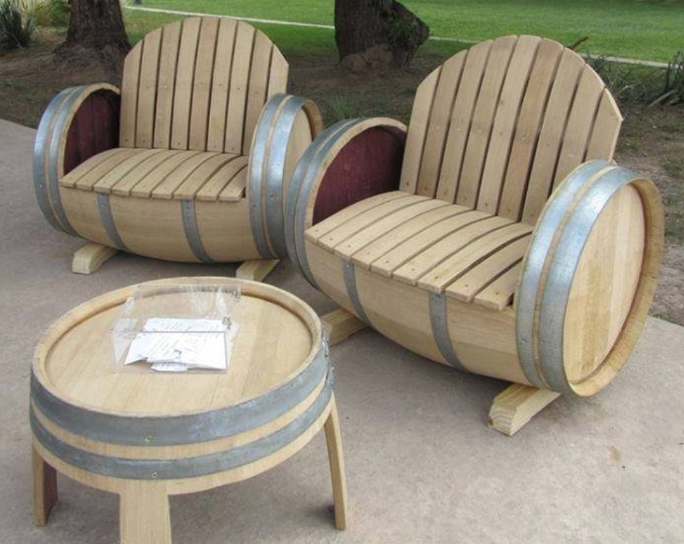 Patio Chairs and Table using Whiskey Barrels